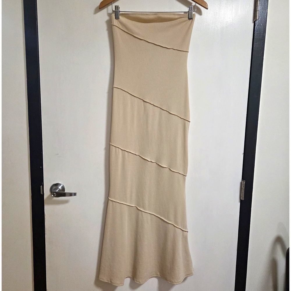 SHEIN Women's Beige Strapless Ribbed Maxi Dress Bodycon Mermaid Y2K Minimalist